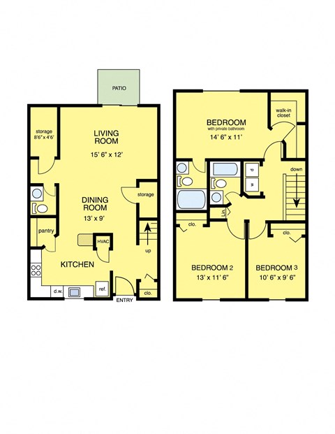 Floor plan for 3 beds, 2.5 baths, 1491 sqft